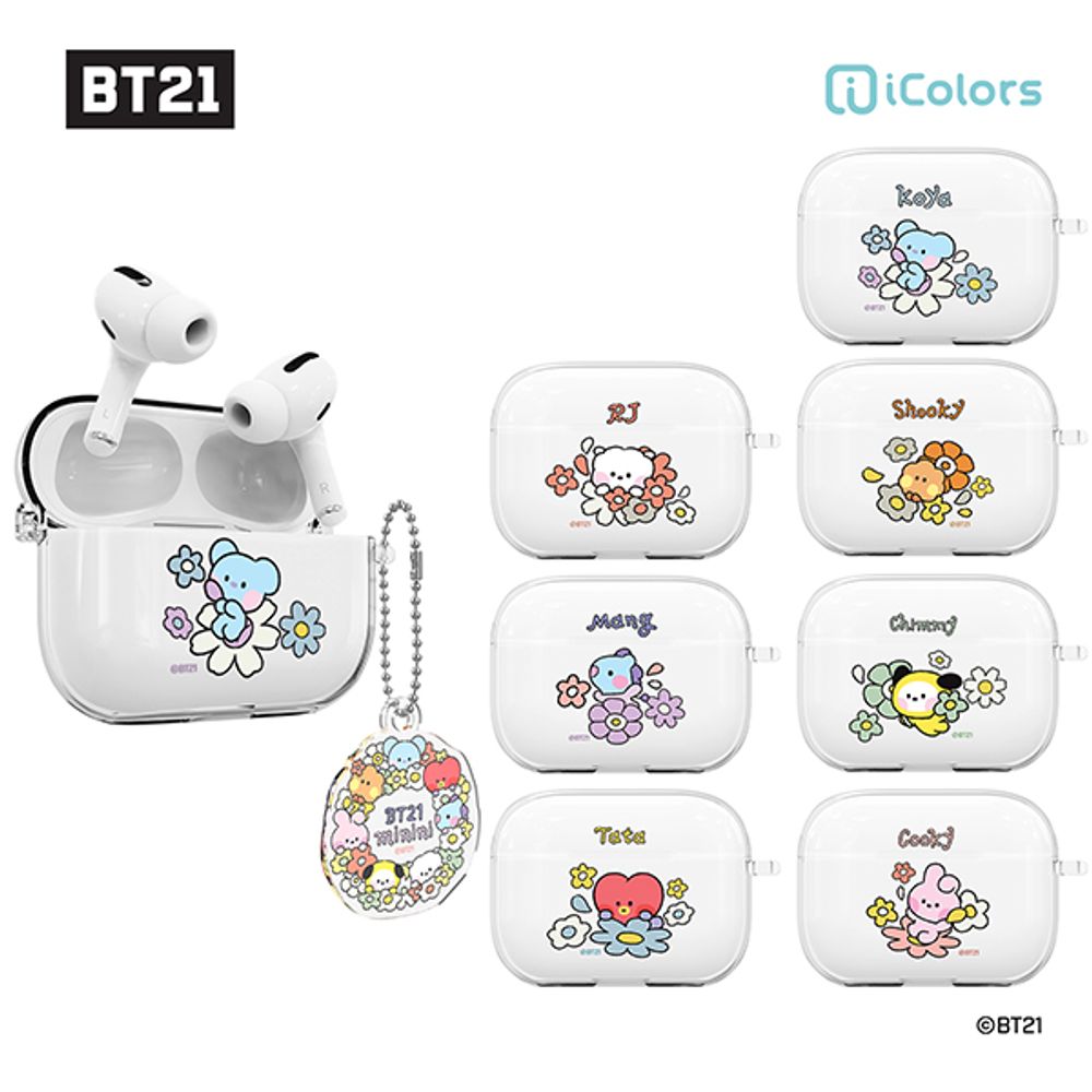 [S2B] BT21 minini Happy flower AirPods Pro Keyringset Clear Slim case - Apple Bluetooth Earphones All-in-One BTS Case - Made in Korea